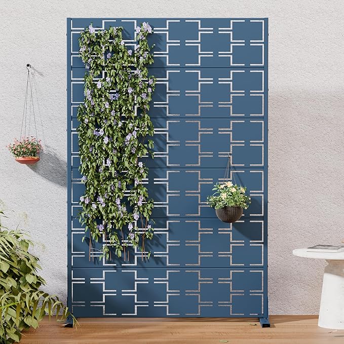 Casaphoria Metal Privacy Screen Outdoor, 72" H x 47" W Freestanding Decorative Privacy Screen for Patio Deck Balcony Garden with Stable Base, Blue-Square Casaphoria