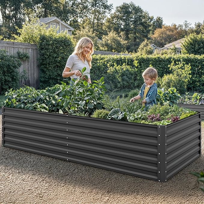 YITAHOME 8x4x2 ft 2pcs Galvanized Raised Garden Bed Kit, Large Metal Planter Box with Gloves, Safety Rubber & Support Rod, Outdoor Flower Bed for Plants Vegetables, Black YITAHOME