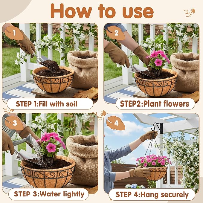 14 inch Metal Hanging Baskets For Plants Outdoor 4 Pack Round Metal Wire Hanging Basket Planter with Coco Fiber Liners Chain Round Wire Plant Holder for Garden, Patio, Deck, Porch Plants Flower Potss JFFLYIT