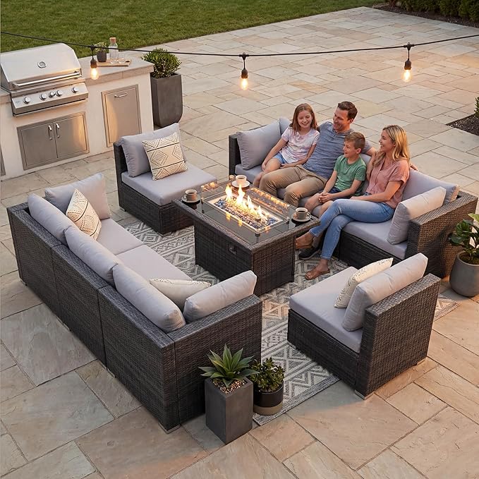 NICESOUL 9 Piece Outdoor Patio Furniture Set with Fire Pit Table Dual Natural Gas & Propane, 29.3'' High Back Extra Large Comfy Wicker Conversations, Deep Wide Modular Couches for Garden, Light Grey NICESOUL