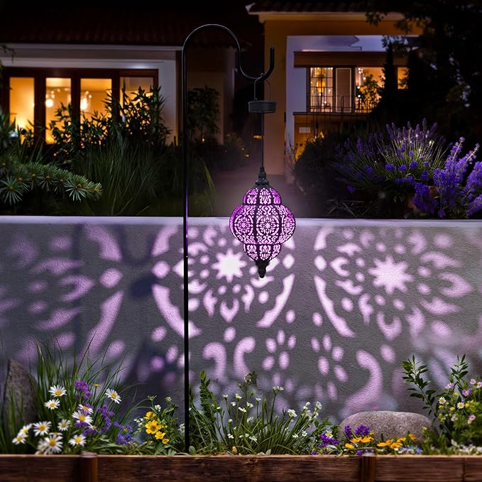 Hanging Solar Lights Outdoor Garden Decor Solar Lantern Waterproof Plastic Moroccan Outdoor Decorations for Patio Pathway Yard Backyard Garden Decorative (2, Purple) Hapjoy