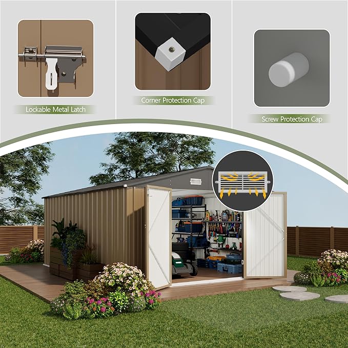 Devoko 10x14 FT Outdoor Storage Shed, Large Metal Storage Sheds with Lockable Door, Utility Garden Tool Shed with Sloping Roof, Outside Steel Storage Sheds for Patio Lawn Backyard, Brown DEVOKO