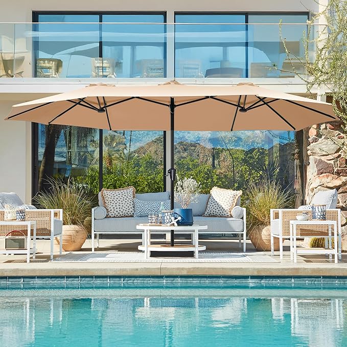 SUPERJARE 15FT Outdoor Umbrella for Patio, Double sided Pool Umbrellas with Fade Resistant Canopy, Large Table Umbrella for Deck, Market, Backyard - Beige SUPERJARE