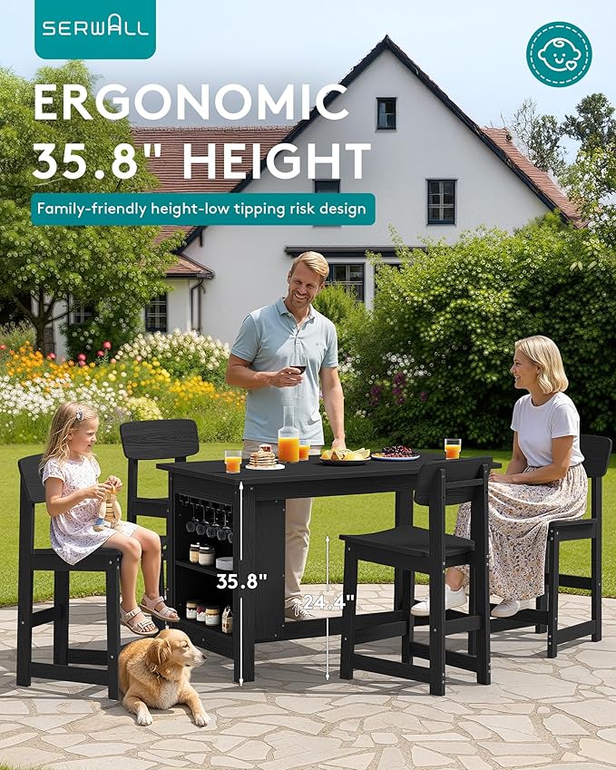 SERWALL Outdoor Bar Table and Chairs Set, 5-Piece HDPE Counter Height Patio Dining Sets with Storage and Wine Rack, Rectangular High Top Bar Table with 4 Bar Stools for Garden, Backyard, Black SERWALL
