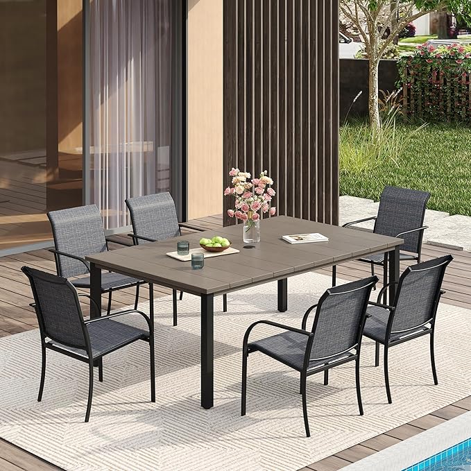 VICLLAX Patio Dining Set for 6, Outdoor Furniture Set Includes 63" Rectangle Patio Table and 6 Patio Sling Chairs, Outdoor Table and Chairs for Outsides, Grey Wood-Like Tabletop and Dark Grey Fabric HOME