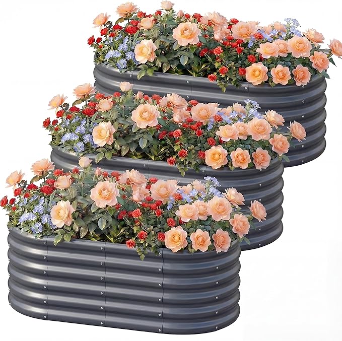 AHEONLAR 3 Pack 4×2×1.5ft Galvanized Raised Garden Beds Outdoor, Sturdy Planter Boxes for Vegetables, Fruits, Flowers and Plants, Easy Assembly, Grey AHEONLAR