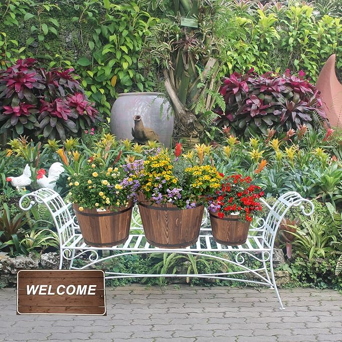 VINGLI 3 PCS Large Wooden Planter Barrel Set, 11.5"(Dia)- 18"(Dia) Real Wood Indoor/Outdoor Flower Pot w/Drainage Holes, Different Sizes, Large Garden Container Box VINGLI