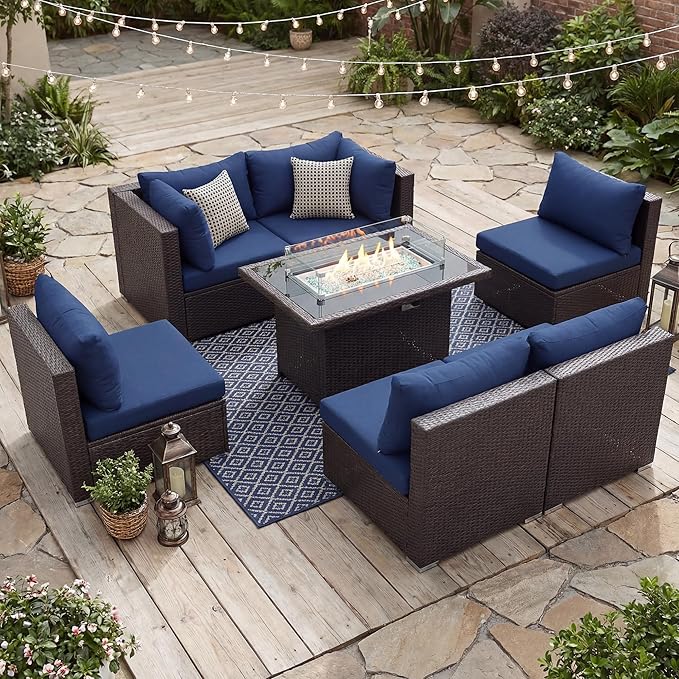 NICESOUL 7 Piece Large Size Patio Sectional Furniture Set with Firepit Propane/Natural Gas, 29.3'' High Back Outdoor Sofa Conversation Couch, Tall Wide Deep Sitting, Brown Rattan and Navy Cushion NICESOUL