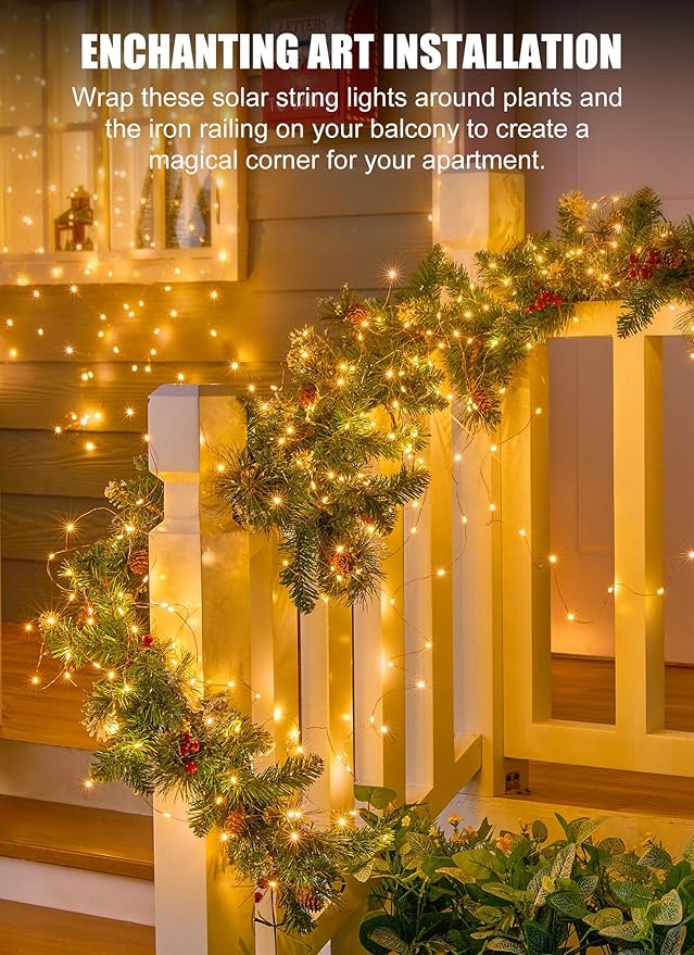 Minetom Solar String Lights, 2 Packs Total 66Ft 200 LED Solar Fairy Lights, Waterproof Solar Lights for Outside Patio Yard Tree Wedding Christmas, Warm White Minetom