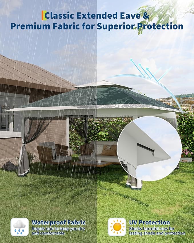 Canopy Tent 13x13 ft, Pop Up Gazebo One-Push Setup with 4 SandBags for Backyard Parties and BBQs, Mosquito Netting & Height Adjustable - Green GarveeLife