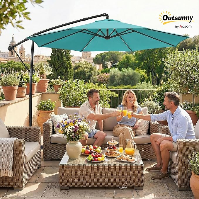 Outsunny 10 ft Offset Patio Umbrella with Cover, Round Hanging Cantilever Umbrella with 6-Position 360° Rotation, Crank Handle, Tilt, Cross Base, Heavy Duty Outdoor Umbrella for Garden Outsunny