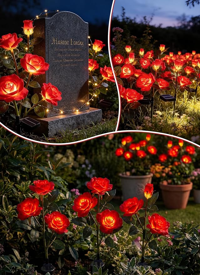Brightown Outdoor Solar Flower Lights, 4 Pack Solar Garden Light with Larger & More Realistic Red Rose, Bigger Solar Panel, Waterproof Solar Lights Outdoor for Yard Garden Lawn Pathway Decoration Brightown