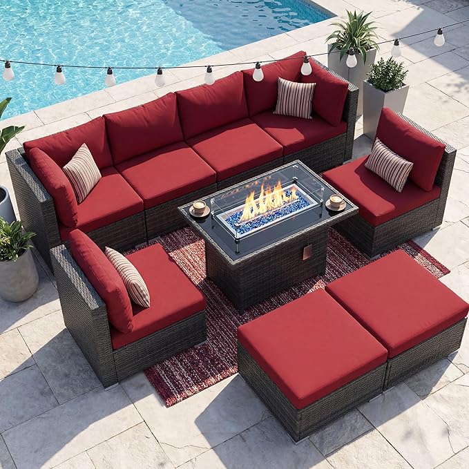 NICESOUL 9 Piece Extra Large Outdoor Patio Furniture Set with Firepit Table Natural Gas/Propane, 29.3'' High Back Gray Wicker Sectional Sofa, Deep Sitting Conversation,2 Color Cushion Burgundy & Gray NICESOUL