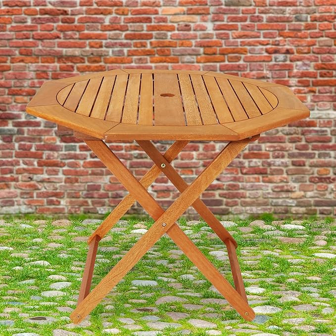 Sunnydaze Folding Meranti Wood Outdoor Dining Table with Umbrella Hole - Foldable Teak Patio Table - Teak Oil Finish - Octagon SunnydazeDecor