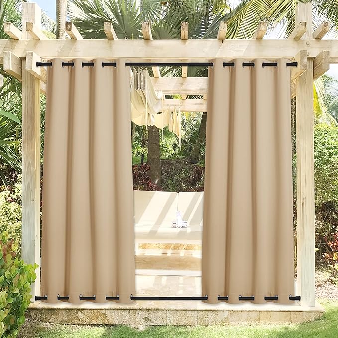 NICETOWN 2 Panels Outdoor Curtains for Patio Waterproof, Sunlight Block Rustproof Grommet Top and Bottom Windbreak Thick Enough Keep Sun/Rain Out for Deck, Biscotti Beige, W52 x L108 NICETOWN