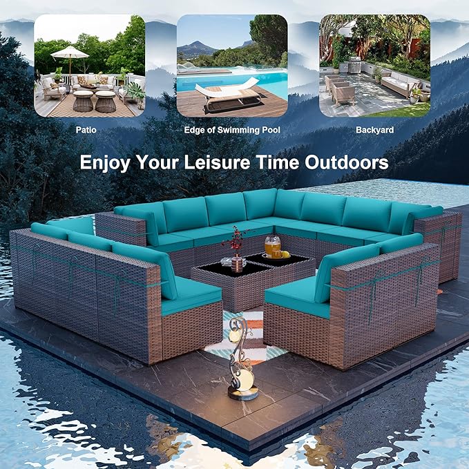 ALAULM Patio Furniture Set with Coffee Table, 14 Pieces Outdoor Sectional with Wide Seat and Thick Cushion, All Weather Wicker Rattan Conversation Set for Backyard, Garden, Deck, Turquoise ALAULM