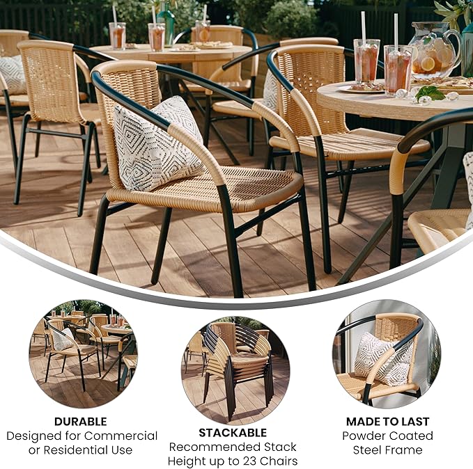 Flash Furniture Lila 2 Pack Beige Rattan Indoor-Outdoor Restaurant Stack Chair FlashFurniture