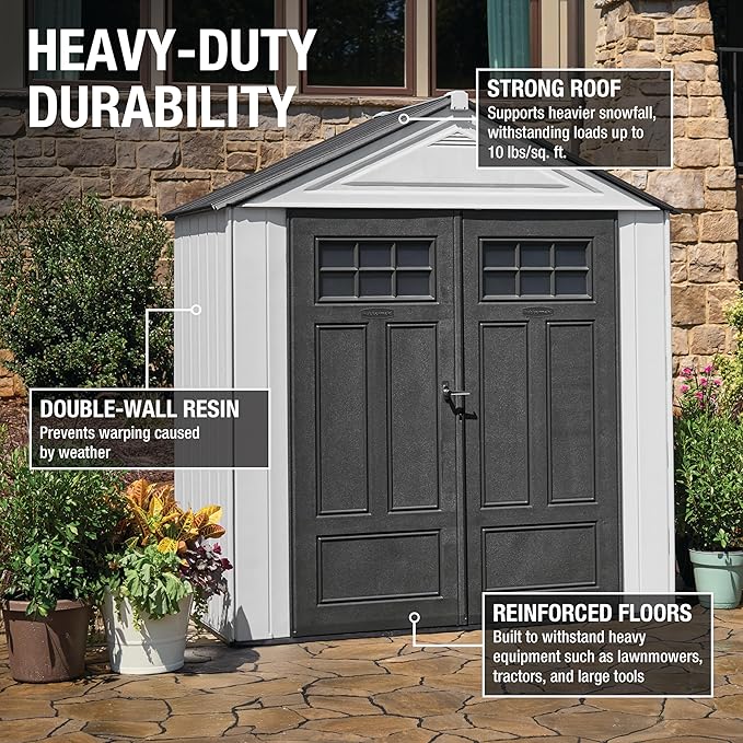 Rubbermaid Resin Outdoor Storage Shed With Floor (7 x 3.5 Ft) Weather Resistant, White, Organization for Home/Backyard/Garden Tools/Lawn Mower/Bike Storage/Pool Supplies Rubbermaid