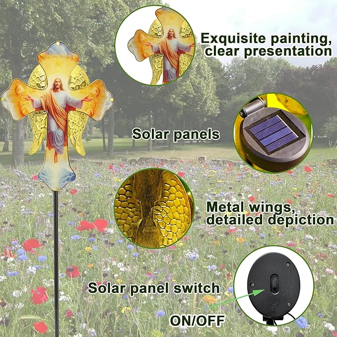 Solar Jesus Cross Garden Lights for Graves - Angel Wing Memorial Decor, Waterproof Cemetery Solar Stake Lights for Easter, Patio, Yard - Sympathy Gifts for Loved Ones1. Rootora