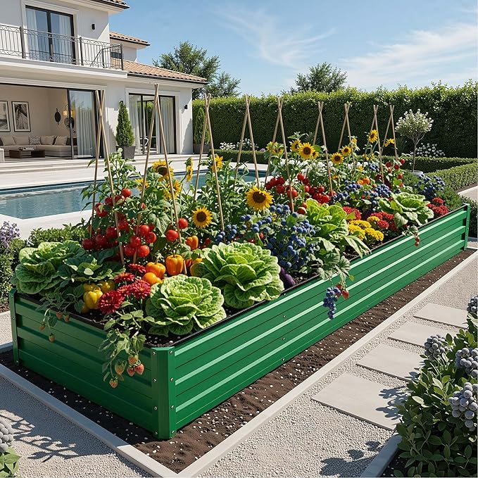 YITAHOME 4pcs 12x4x1 ft Galvanized Raised Garden Bed Kit, Large Metal Planter Box with Gloves, Safety Rubber & Support Rod, Outdoor Flower Bed for Plants Vegetables, Green YITAHOME