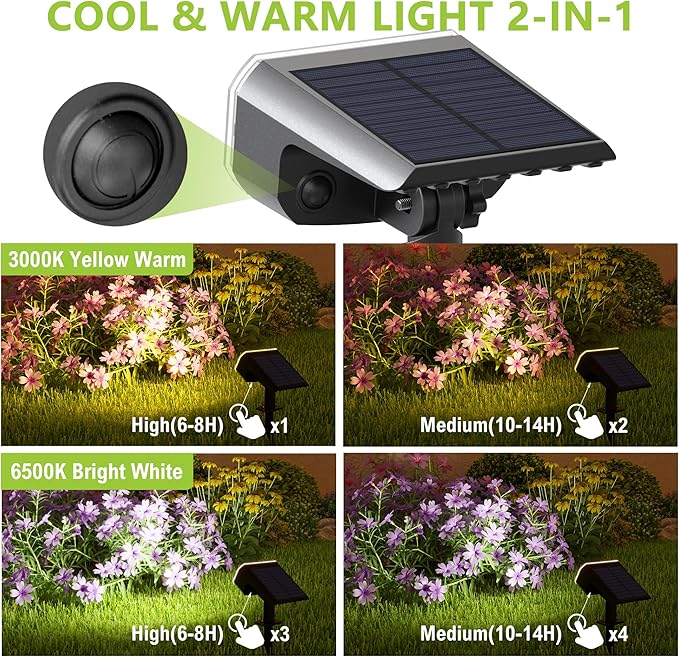 DAMINY Solar Spotlights Outdoor Waterproof IP65,2 CCT(Warm White & Cool White),4 Lighting Modes Solar spot Lights for Yard,Garden,Pathway,Landscape,Auto On/Off-2 Pack DAMINY