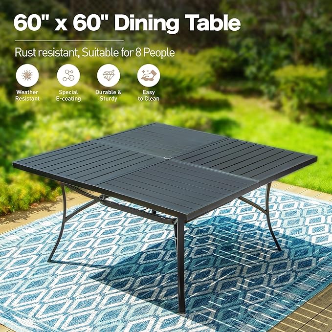 Patio Dining Set 9 Piece, 8 x Woven Rattan Swivel Chairs with Waterproof Cushion, 60" Square Metal Dining Table with Umbrella Hole, Outdoor Table and Chairs Set for Backyard Lawn and Deck, Beige SUNSHINEVALLEY