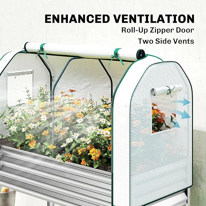 Outsunny Galvanised Raised Garden Bed with Greenhouse Cover, Metal Elevated Garden Bed with Legs, Bed Liner and Bottom Shelf, Outdoor Raised Planter Box for Vegetables, Herbs, Flowers, Silver Outsunny