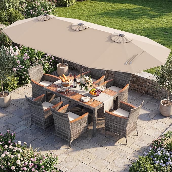 Tangkula 9 Piece Rattan Outdoor Dining Set with 13Ft Umbrella for 6, Outdoor Wicker Table Set with 6 Cushioned Armchairs, Acacia Wood Top, Outdoor Umbrella & with Base Included TANGKULA