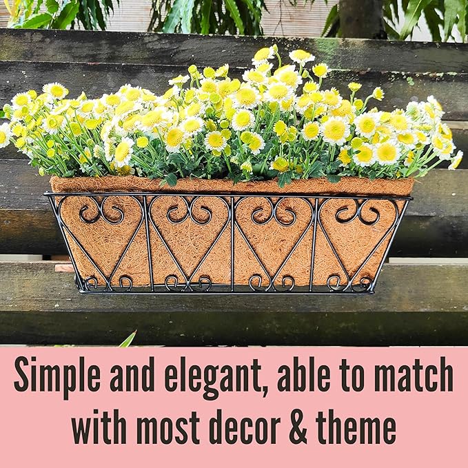 LaLaGreen Wal Planters - 4 Pack, 16 Inch Deck Railing Hanging Basket, Window Flower Boxes Outdoor Black Metal Plant Pot Holder Coco Liner Fence Planter Balcony Garden Patio Porch Farmhouse Boho Decor L%C3%A1L%C3%A1Green