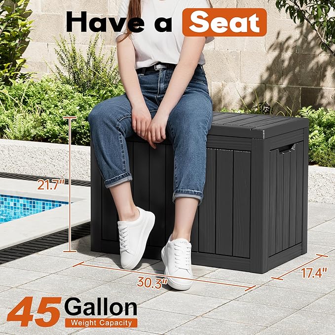 Outdoor Storage Box, Resin Deck Boxes Indoor and outdoor, Waterproof Storage Box Lockable Lid (Black, 45 Gallon) NBYSGO