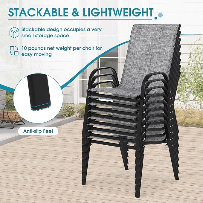 Outdoor Stackable Chairs Set of 8, Stacking Patio Chairs with Textilene Fabric, Outside Furniture for Garden Backyard Balconie Poolside Deck, Grey Villeston