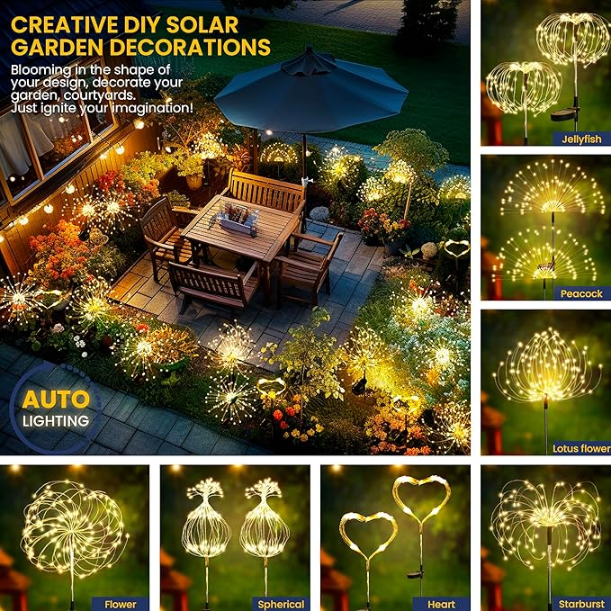 GIGALUMI Garden Decor Outdoor Lights 120LED 4Pack, Solar Garden Lights for Christmas Outside Fairy Firework Decorative,Solar Powered for Yard Pathway Flowerbed Planter Balcony Patio Decor (Warm White GIGALUMI