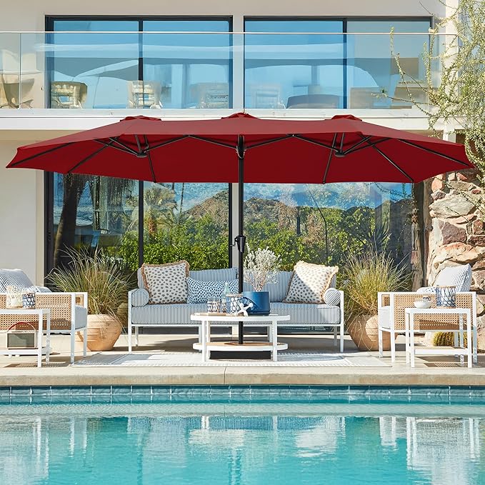 SUPERJARE 15FT Outdoor Umbrella for Patio, Double sided Pool Umbrellas with Fade Resistant Canopy, Large Table Umbrella for Deck, Market, Backyard - Burgundy SUPERJARE