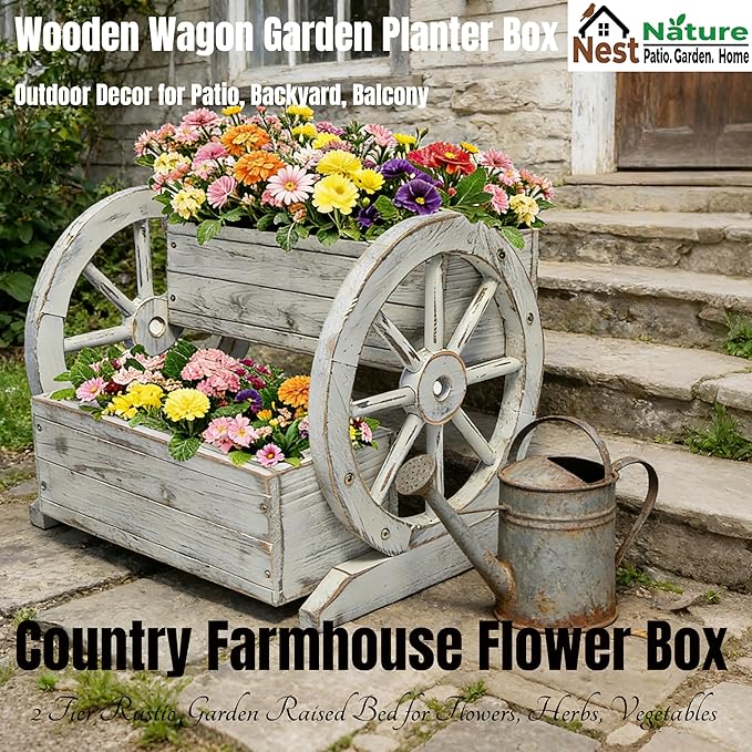 NestNature Wooden Wagon Planter Box,Raised Garden Bed,Decorative Garden Planters with Wheels-Outside Flower Pots for Indoor/Outdoor Décor Plants (Antique White) NestNature