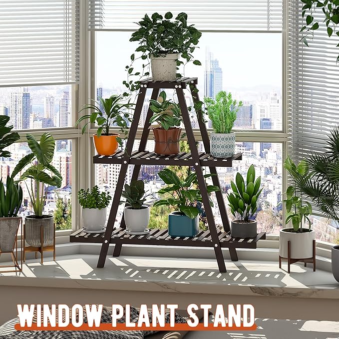 GHWIE Plant Stand Indoor Plant Shelf Outdoor bamboo Plant Rack, 3 Tiers Ladder Plant Holder Flower Stand for Living Room Balcony Garden Patio,Living Room Boho Home Decor for Gardening Gifts (Brown) GHWIE