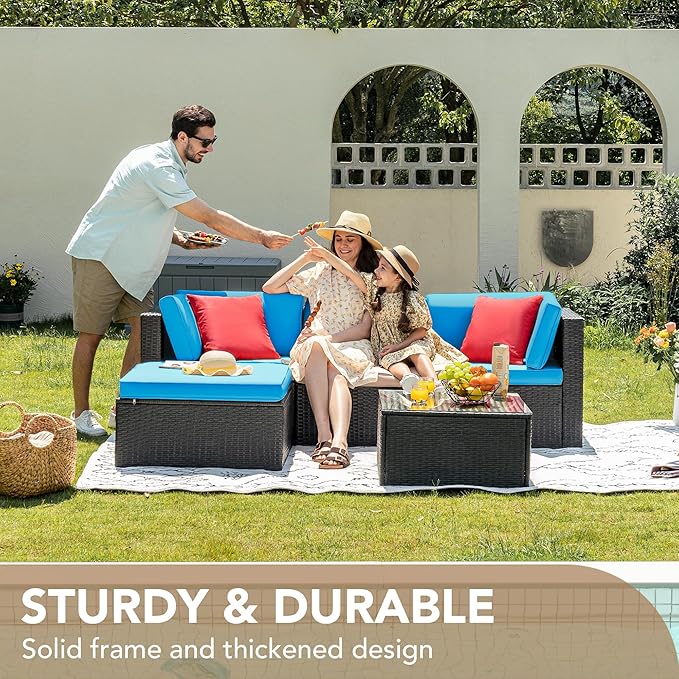 Devoko 5 Pieces Patio Furniture Sets All Weather Outdoor Sectional Patio Sofa Manual Weaving Wicker Rattan Patio Seating Sofas with Cushion and Glass Table (Blue) DEVOKO