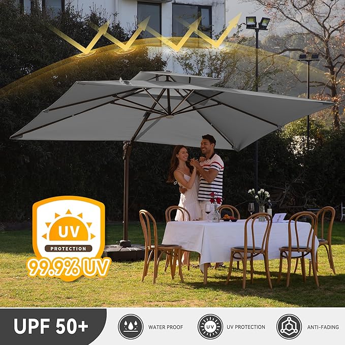 10 X 13 FT Cantilever Outdoor Patio Umbrella with Led Lights Large Heavy Duty 360° Rotation Double Top Offset Rectangular Umbrellas for Backyard Garden Pool Outside Deck, Grey MEVBC