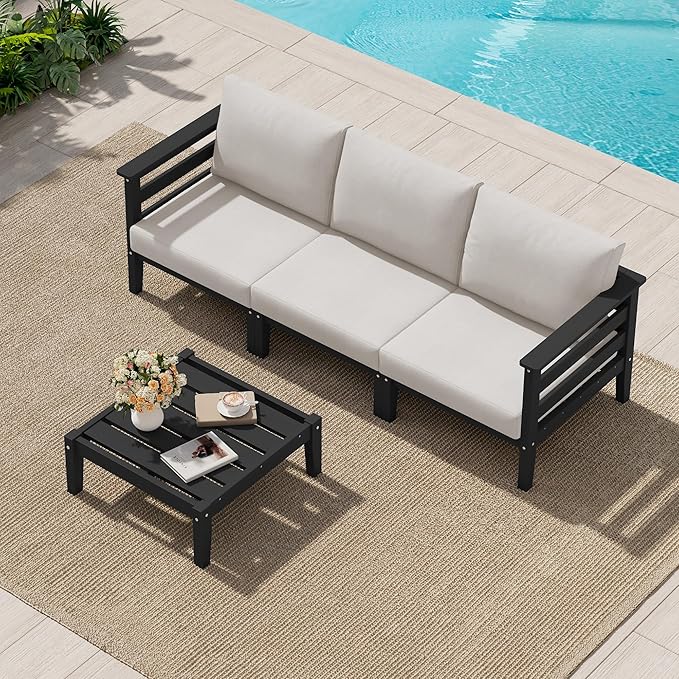 SERWALL HDPE Outdoor Furniture Set, 4 Pieces Patio Sectional Sofa Set, All-Weather Wood-Like Outdoor Sofa with Coffee Table for Deck, Garden, Black Frame with Khaki Cushion SERWALL