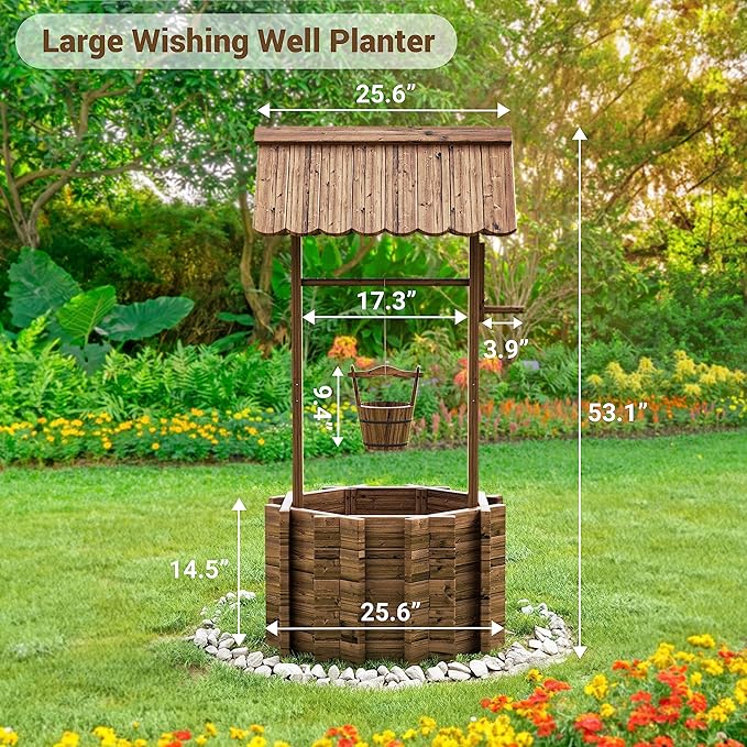 UDPATIO Wishing Wells for Outside, Wooden Wishing Well Planter for Yard, Upgrade Wishing Well with 4 Reinforced Rod & Hanging Bucket for Garden Patio Lawn Backyard Home Decor UDPATIO