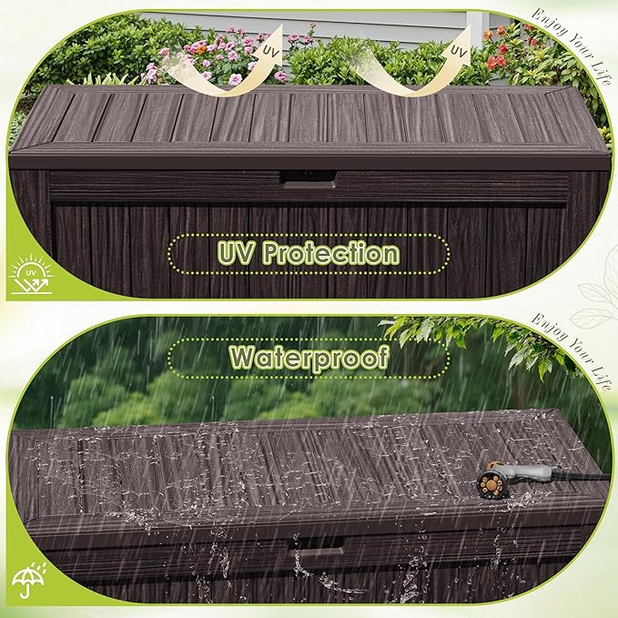 Devoko 125 Gallon Outdoor Storage Box, Waterproof Resin Deck Box for Patio Furniture, Lockable Container for Garden Cushions & Pool Supplies (Brown, 125 Gallon) DEVOKO