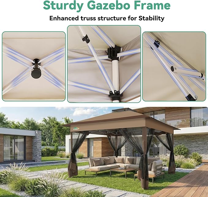 COBIZI 13x13 FT Pop up Gazebo on Clearance - Outdoor pop up Canopy Tent,carpas para Patio, Shelter - Screen Tents with Portable Carry Bag, Patio Gazebos for Camping,Garden,Deck,Backyard,Brown COBIZI