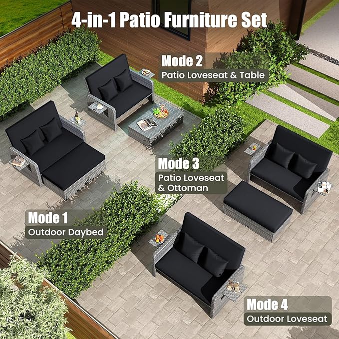 Tangkula Patio Rattan Daybed with 4-Level Adjustable Backrest, Outdoor PE Wicker Loveseat with Storage Ottoman & Folding Side Table, Double Sunbed for Balcony, Backyard & Poolside, Black & Grey TANGKULA