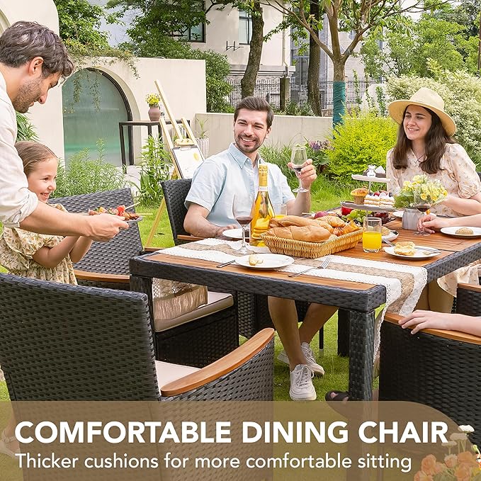 Devoko Dining 7 PCS Furniture, Patio Conversation Set with Acacia Wood Table Top, Outdoor, Beige Cushion and Black Rattan DEVOKO