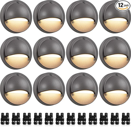 SUNVIE 12 Pack Low Voltage Deck Lights 5W LED Landscape Step Stair Lights Outdoor with Fastlock2 Wire Connector 3000K 12-24V Accent Lighting for Garden Post Fence 3.2FT ETL Listed Cord SUNVIE