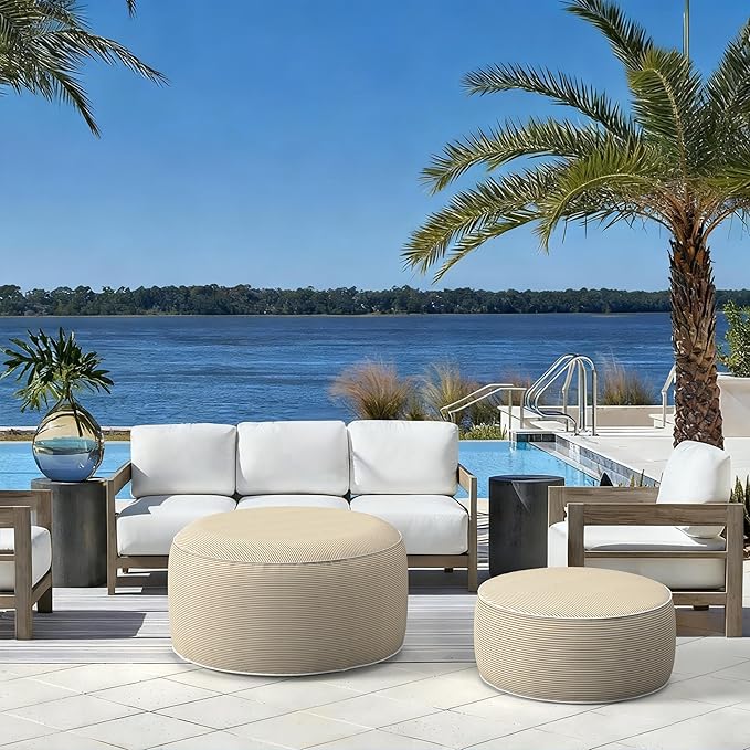 LVTXIII Indoor/Outdoor Extra Large Inflatable Ottoman Pouf D31 x H14 Inch, Round Footstool with Handle, Weather-Resistant Portable Furniture for Patio, Camping, Beach, Stripe Beige LVTXIII