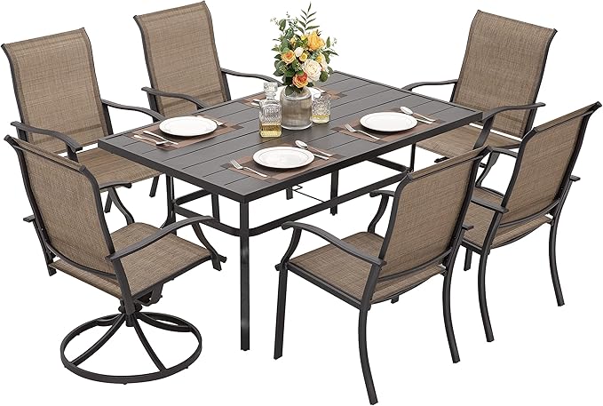 NUU GARDEN 7 Pieces Outdoor Dining Sets, Textilene Swivel Patio Table and Chairs All-Weather Outdoor Furniture Set for Lawn, Backyard, Balcony, Black and Brown NUUGARDENCORPORATION