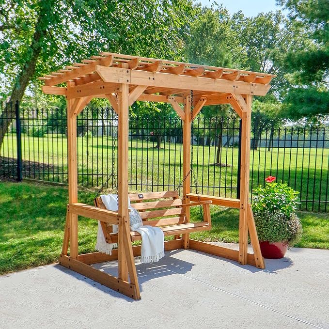 Backyard Discovery Callahan 8' x 5' Cedar Wood Outdoor Patio Pergola Swing Bench with Trellis, Two-Person Seating, Chains, Water Resistance, 600 Lb Weight Capacity for Porch, Patio, Deck, Garden BackyardDiscovery