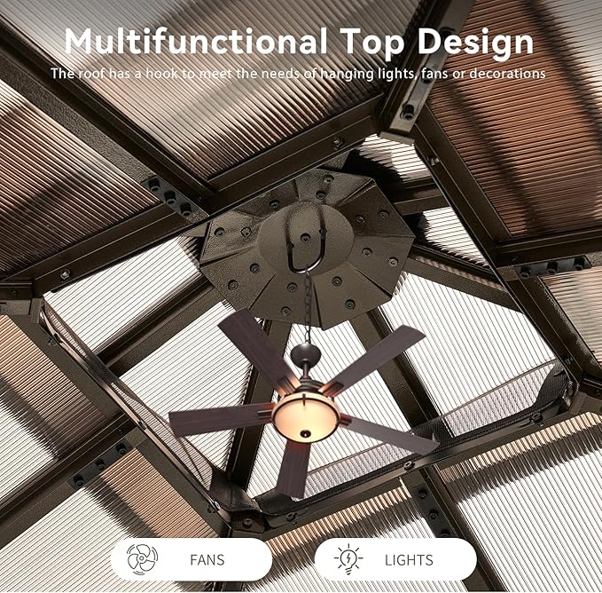 Aoxun 12'x12' Hardtop Gazebo, Aluminum Frame Permanent Pavilion with Curtains and Netting, Outdoor Polycarbonate Double Roof Canopy, Designed for Garden, Lawns, Patio, Brown Aoxun
