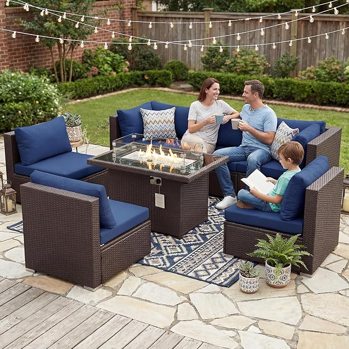 NICESOUL 7 Piece Large Size Patio Sectional Furniture Set with Firepit Propane/Natural Gas, 29.3'' High Back Outdoor Sofa Conversation Couch, Tall Wide Deep Sitting, Brown Rattan and Navy Cushion NICESOUL