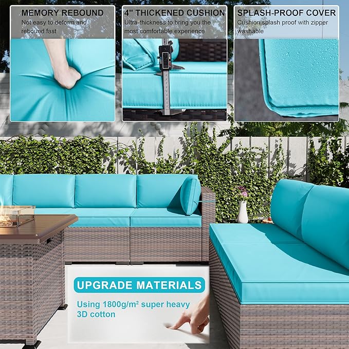 Kullavik 15PCS Outdoor Patio Furniture Set with 43" 55000BTU Gas Propane Fire Pit Table PE Wicker Rattan Sectional Sofa Patio Conversation Sets w/8 Coner Sofas,Blue KULLAVIK